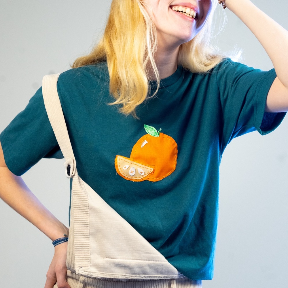 Blue Shirt With Orange Patchwork! - image 4